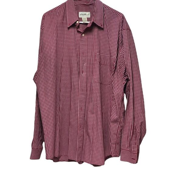 Eddie Bauer Mens XL Plaid Button Down Long Sleeve Shirt Burgundy Checkered - Picture 1 of 12